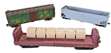 Lot of 3 Vintage Freight Cars Wood Diecast  Kadee Cplrs Flat Hopper Box Cars RTR