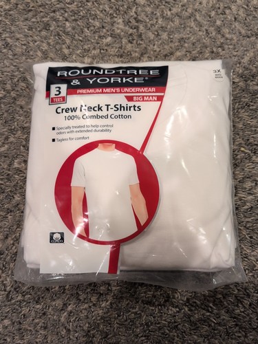 Roundtree & Yorke Men's Big Man White 3 XL 3 Pack Crew Neck Cotton T-Shirts