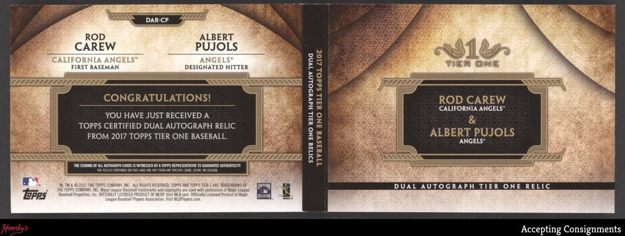 2017 Topps Tier One Book Albert Pujols Rod Carew DUAL AUTO GAME USED PATCH 09/10 view 2