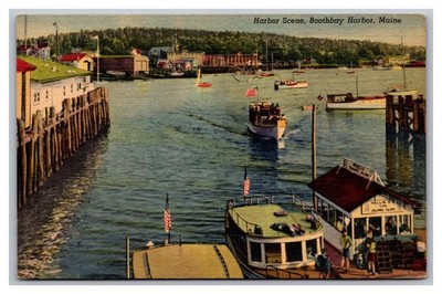 Boothbay Harbor ME Maine Harbor Scene Boats Linen Postcard