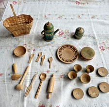 Large Lot Vintage Dollhouse Miniature hand Carved/Painted Wooden Kitchen Items