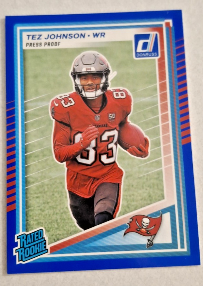 Tez Johnson - 2025 Panini Donruss Blue Press Proof Rated Rookie Buccaneers