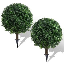 Set of 2 Artificial Boxwood Topiary Ball Trees for Outdoor with Ground Spike ...