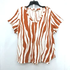 Rachel Zoe Shirt Womens Size 2X Orange White Animal Stripes Short Sleeve Top