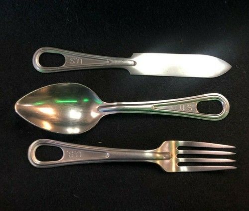 MILITARY MESS KIT STAINLESS STEEL UTENSIL FORK KNIFE &SPOON SET CAMPING HUNTING 