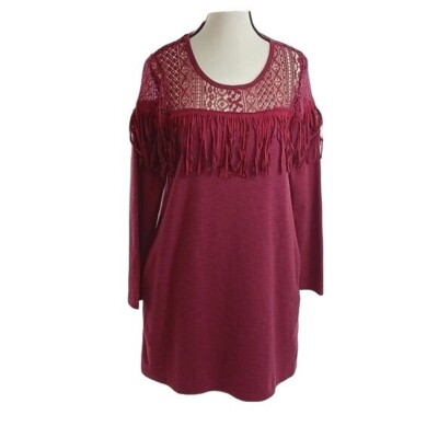 Entro Boho Fringe Dress Womens Size S Burgundy Lace Yoke Long Sleeve | eBay