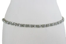 Women Narrow Waistband Fancy Fashion Belt Silver Metal Chain Mesh Beads M L XL