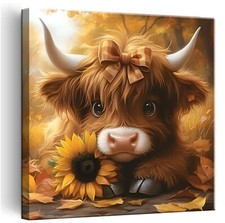 Cute Highland Cow Baby Canvas Wall Art Rustic Farmhouse Sunflower Wall Decor ...