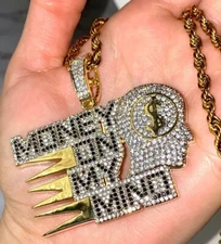 Custom Iced Word MONEY ON MY MIND Pendant  Men Women 14k Italy Gold Finish Chain