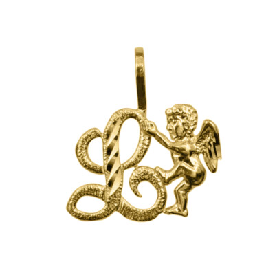 Echt 14k Gelbgold 0,59'' Cherub und Kursivschrift Anfangsbuchstabe L Anhänger