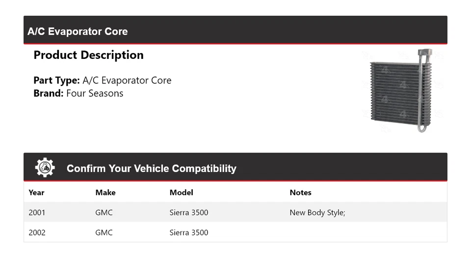 Núcleo evaporador aire acondicionado GMC Sierra 3500 2001-2002 4 estaciones Foto 2 de 4
