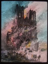 Glass Magic Lantern Slide REIMS CATHEDRAL IN FLAMES WW1 DRAWING FRANCE 