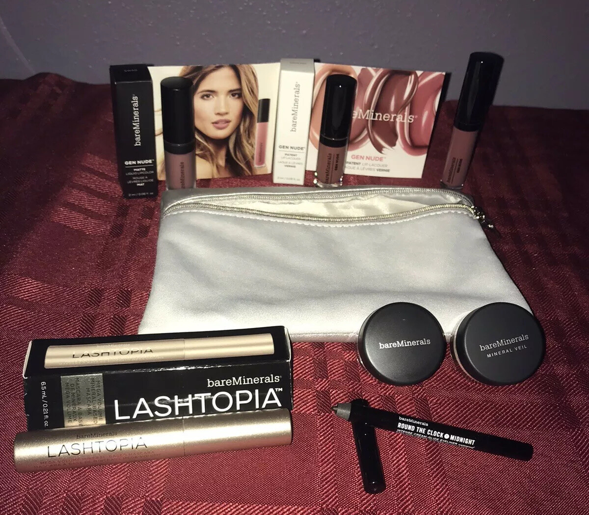 BareMinerals Travel 8pc Set Lip Lacquer Eyesliner Blush Mascara Powder Bag  | eBay