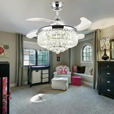 42'' Invisible Ceiling Fan Light 3-Color LED Crystal Chandelier Lamp w/ Remote US