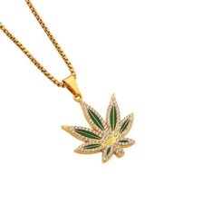 Gold Colored Stainless Steel Bling Cannabis Pot Leaf Pendant Necklace New