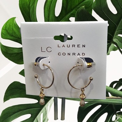 LC LAUREN CONRAD Women's Pineapple Gold Plated Hoop Earrings NWT