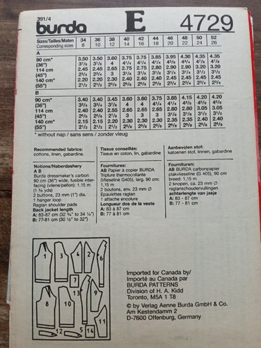 Burda 4729 Misses Jacket Shawl Collar Sizes 8-26 Uncut - Picture 2 of 3