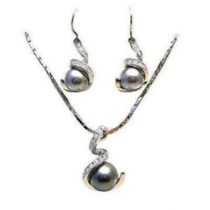 Genuine 12mm Gray South Sea Shell Pearl CZ 18KGP Pendant Necklace Earrings Sets