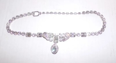 Vintage Eisenberg Clear Rhinestone Silver Tone Drop Necklace Choker Bib Signed
