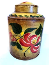 ANTIQUE VINTAGE AMERICAN FOLK ART TOLE WARE STORAGE LIDED CAN.  ORIGINAL PAINT.