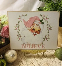 Pink Retro Santa,  BELIEVE, Shabby Cottage Style, Handcrafted Plaque / Sign