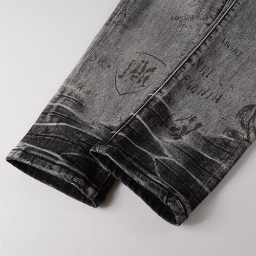 Jeans da uomo strappati lettera logo graffiti risciacquo sfilacciati aderenza skinny grigi elasticizzati - Foto 9 di 9