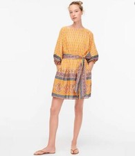 New J Crew Women Yellow Paisley Block Print Dolman Sleeve Belt A-line Dress XS