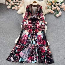 Elegant Women Floral Chiffon Dress Long Sleeve V-neck A-line Swing Beach Party