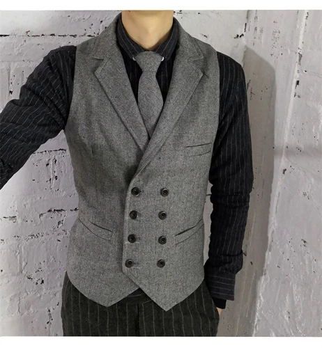 Tweed Men's British Style Wool Blend Retro Double-breasted Vest Waistcoat S-4XL - Picture 15 of 15