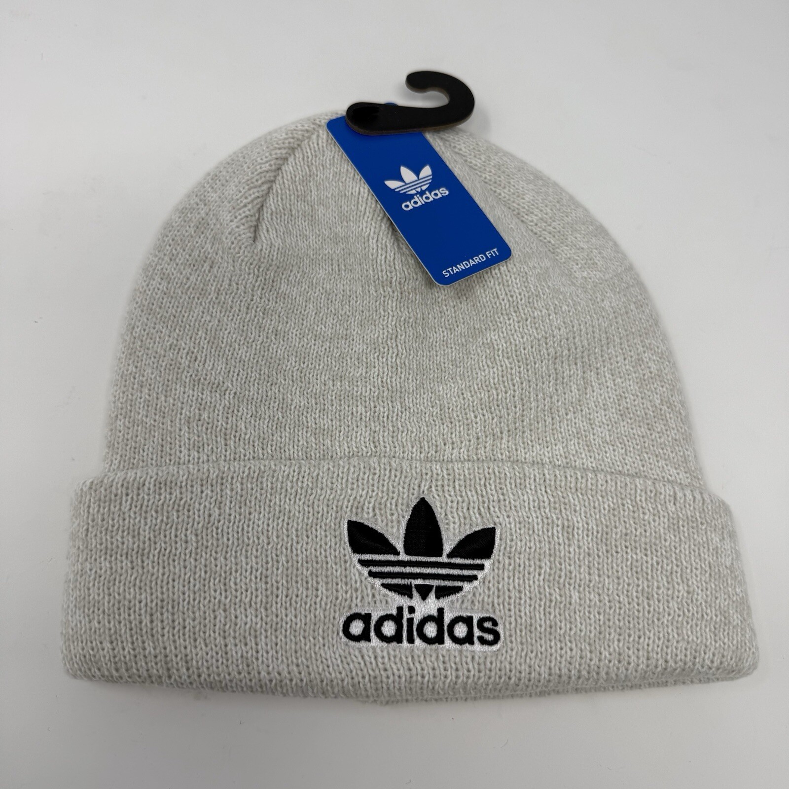 adidas Originals Beanie Unisex White Grey Trefoil Logo Ribbed Knit Cuff Casual