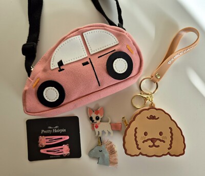 Das Set Mädchen rosa Auto Umhängetasche Haarschmuck Clips Bär Münzbeutel Geschenk 