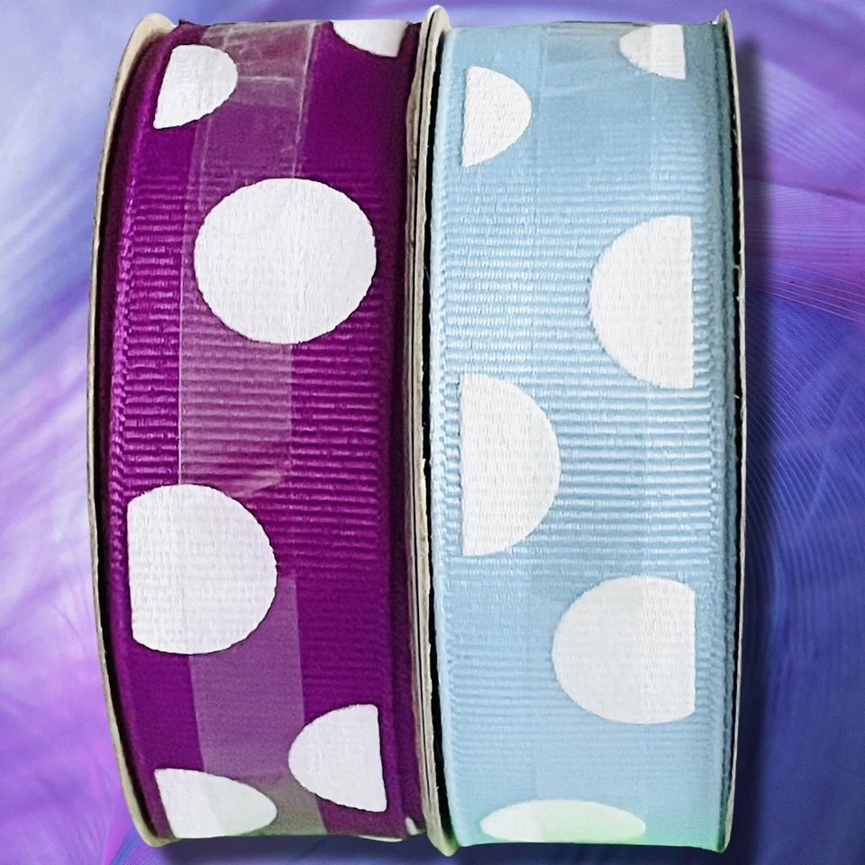 Mixed Lot of 2 Rolls of Grosgrain Polka Dot Ribbon 7/8" x 9 yds each Blue Purple - Image 2 of 4