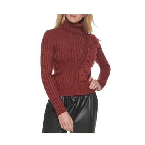 DKNY Womens Red Turtleneck Knit Ribbed Fringe Long Sleeve Sweater Sz L NWT