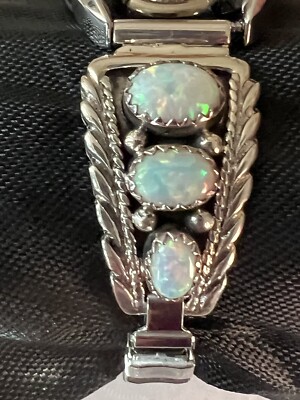 Navajo Opal Silver Bracelet Watch with Sterling Tips Navajo Native American Turquoise and Lab Opal Watch Tips  main image 4