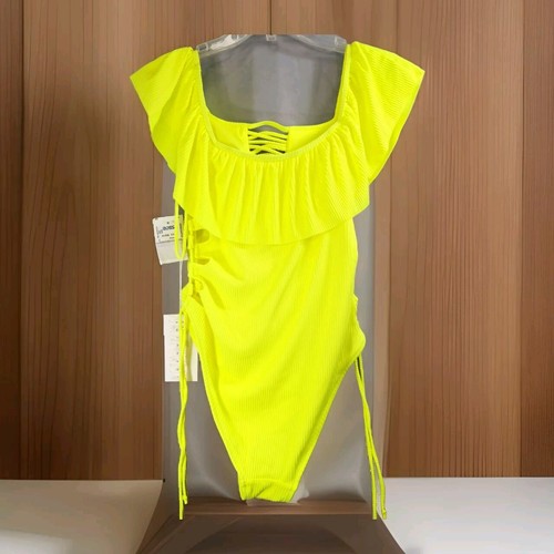 NWT TiniBikini One Piece Ruffle Off the Shoulder Cuttout Citrus Neon Yellow Sz M - Picture 3 of 17