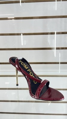 Tom Ford Burgundy Leather Croc Embossed Strappy Ankle Strap Open Toe Heels