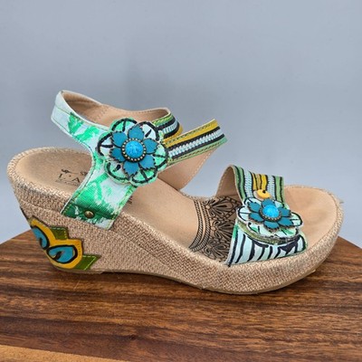 L'artiste Spring Step Sandals Women 9 40 Floral Leather Ankle Strap Wedge Karnit