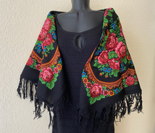 Vintage 1991 PAVLOVO POSAD Shawl       37x37" Wool FLORAL FRINGE Red Black NEW