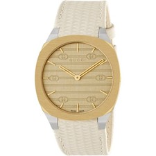 Gucci 25H Quartz Ultra Thin Two Tone White Leather Strap Ladies Watch YA163416