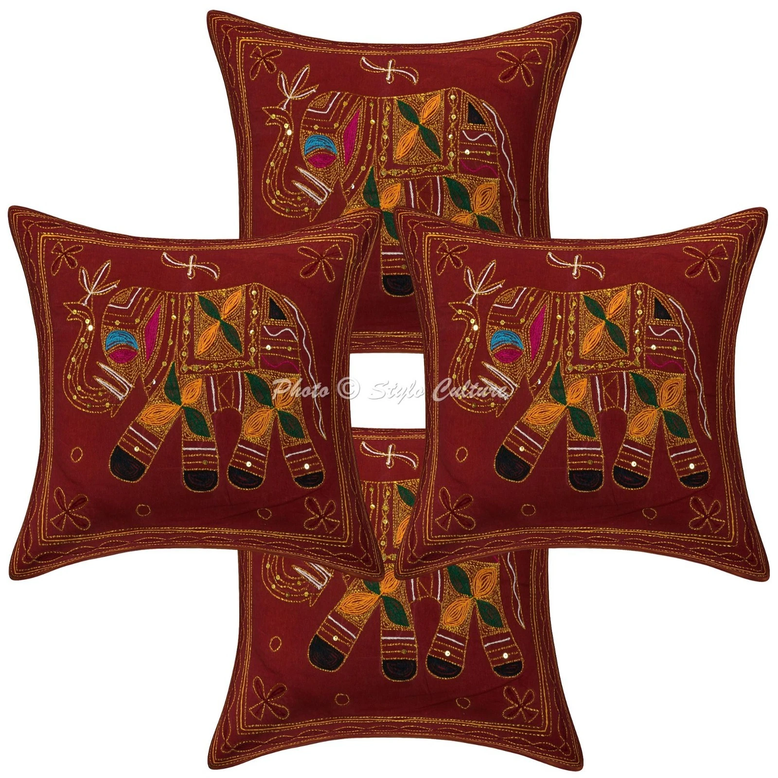 Ethnic Cotton Throw Pillow Covers Gold Thread Embroidered Maroon Elephant Decor
Opens in a new windo