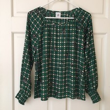 CAbi (XS) Women?s Top Green Long Sleeve Blouse Shirred Cuff #4345 Style
