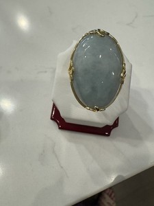 Authentic Genuine Green Jade Sterling/Gold-Plated Large Oval Cabochon Ring 7.25 Size