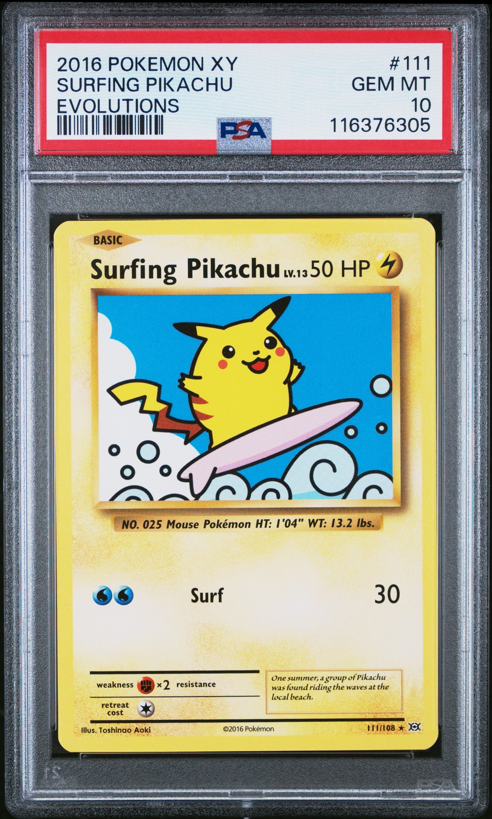 2016 POKEMON XY EVOLUTIONS #111 SURFING PIKACHU PSA 10