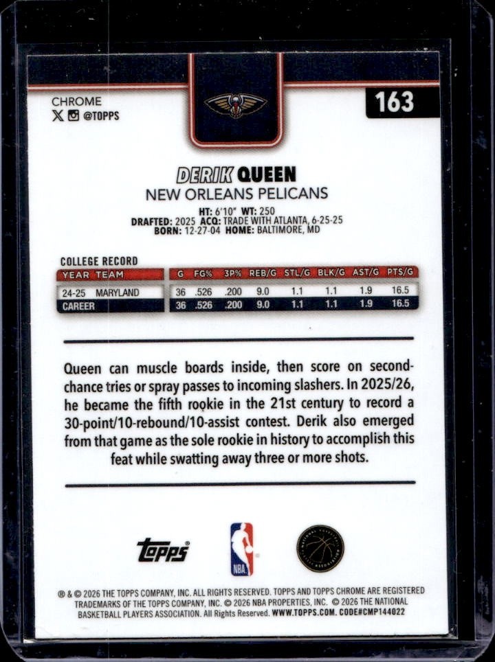 2025-26 Topps Chrome Update Derik Queen Blue Wave Refractor RC #/150 ...