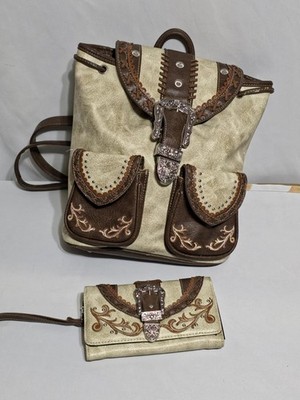 Western Faux Leather Backpack Purse Wallet Beige Brown Studded Silver Buckle