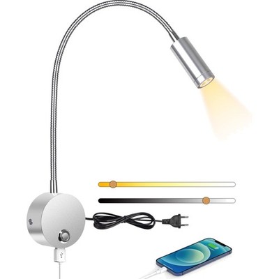 Wandbettlampe mit 3W LED Dimmbarer Touch-Schalter und USB-Anschluss