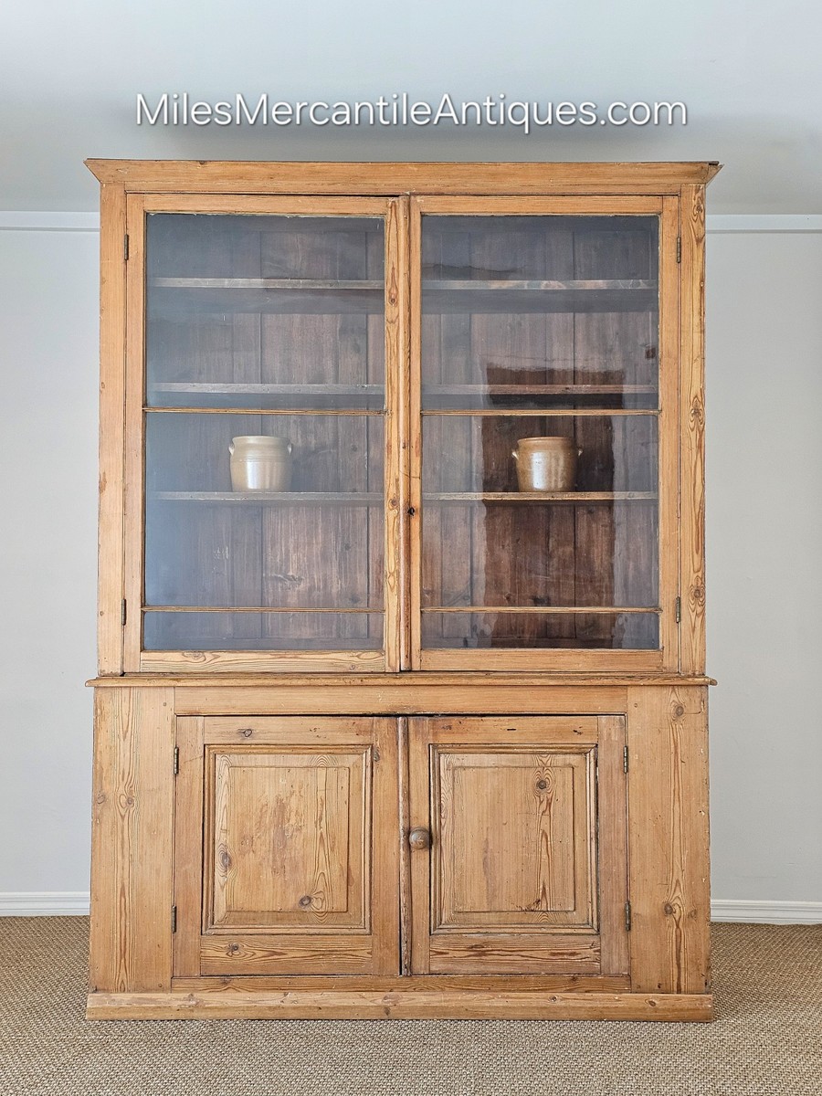 Grand Antique English Pine Display Cabinet Glass Doors Farmhouse