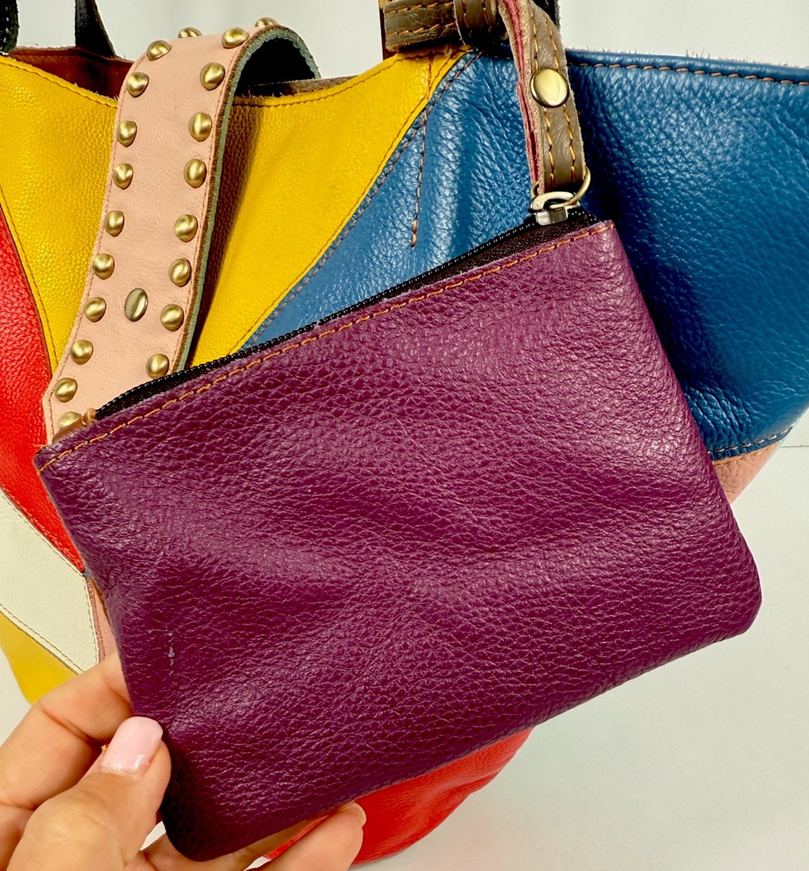 AmeriLeather Patchwork Rainbow Studded Large Leat… - image 4