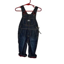 OshKosh B'gosh Baby Unisex Girl Boy Denim Overalls 12M Blue Red Plaid Lined NWT