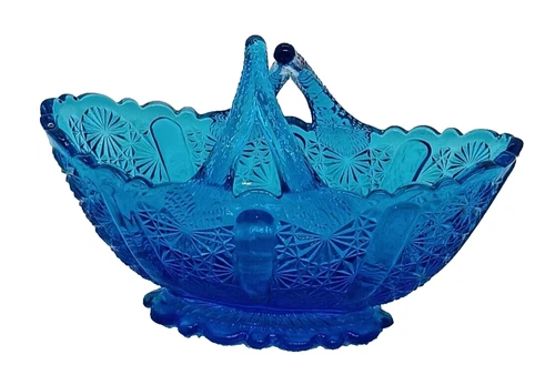 Fenton Glass Blue Daisy & Button Oval Basket Split Twig Handle Trinket Basket